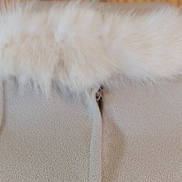 Vintage Stegari Fur Trimmed Beige Dress Jackie Kennedy Style Small Xtra Small - Picture 8 of 12